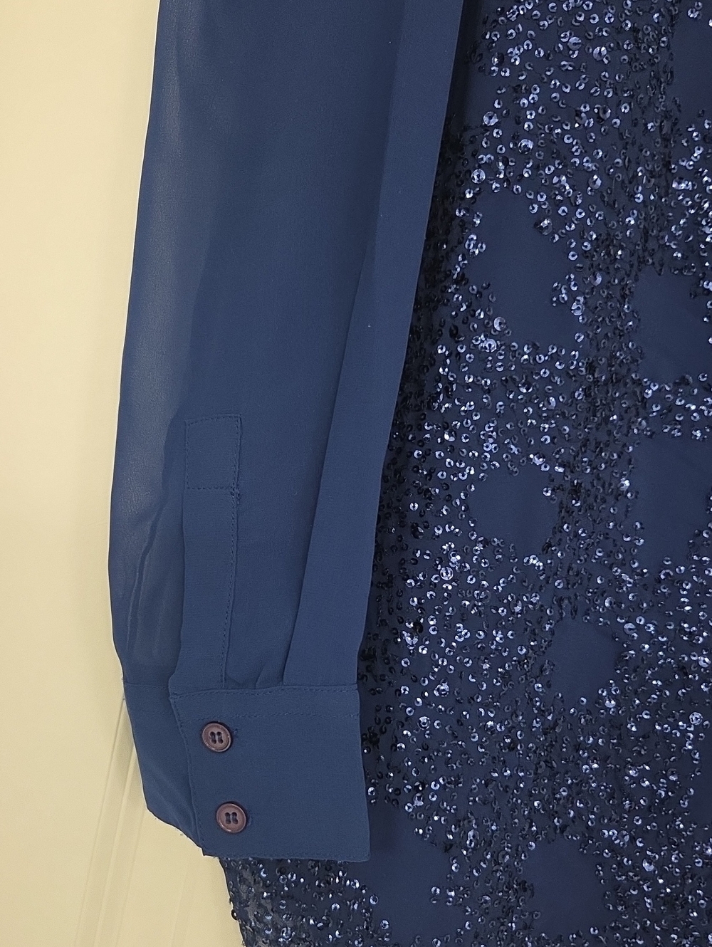 Beautiful Blue Beaded Top By Chicos. V Neck With Sheer Arms & Back, Front Lined. - Picture 3 of 11